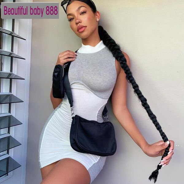 

casual dresses meqeiss sleeveless o-collar 2021summer fashion women mini dress street style skinny bodycon solid basic slim female, Black;gray
