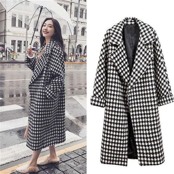 

women's wool & blends winter coat long jacket women fashion notched collar houndstooth pattern woolen streetwear overcoat a1433, Black