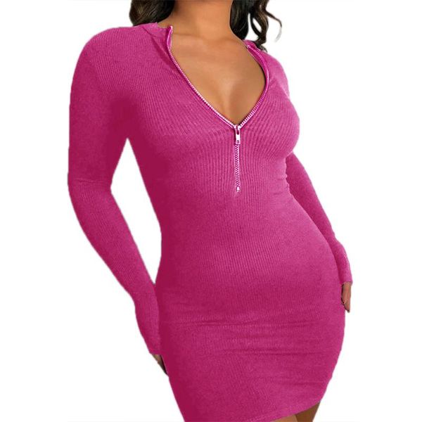 

casual dresses women dress sknny v-neck low cut long sleeve zipper up skinny clothing club party night bodycon mini, Black;gray