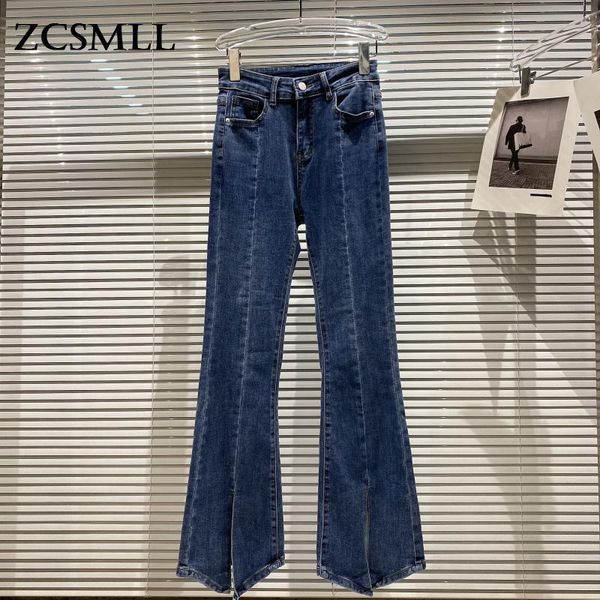 

women's jeans zcsmll arrivals hem trousers split design wash water craft micro-slim solid color fall winter 2021 denim pants, Blue