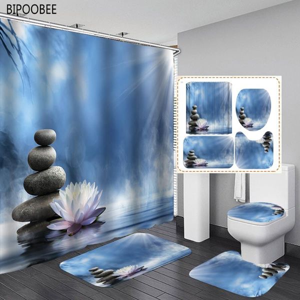 

shower curtains 180x180cm zen stone print curtain bathroom lotus toilet lid cover floor mat pedestal anti-slip carpet bath rugs