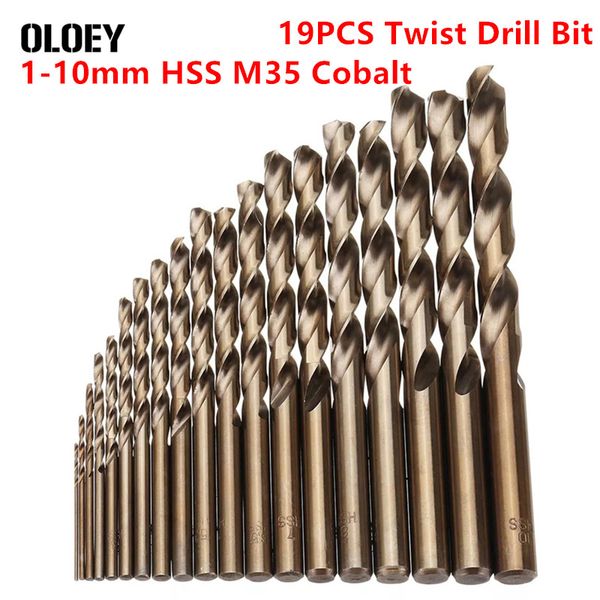 

19pcs 1-10mm hss m35 cobalt twist drill bit set for metal alluminum wood drilling deep hole positioning iron hss-co tools kit