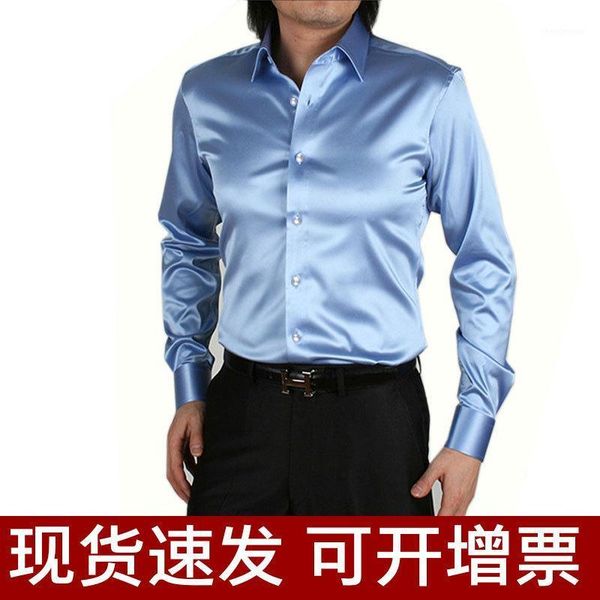 

men's dress shirts light blue silk imitation long sleeve shirt korean slim original factory products, White;black