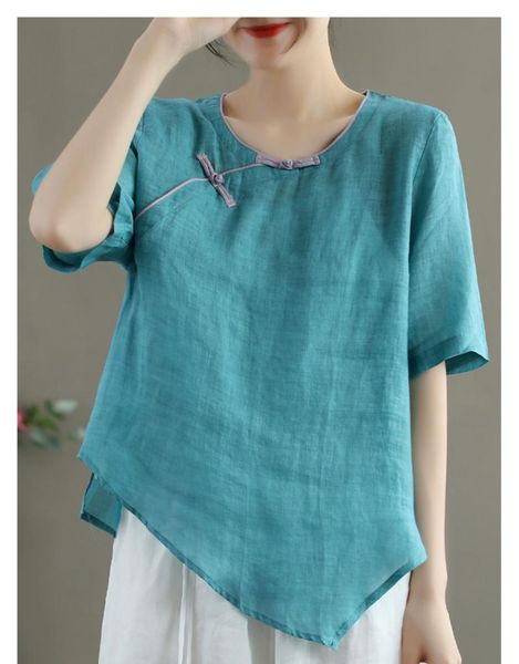 

women's blouses & shirts chea women summer vintage solid color frogs asymmetric xiejin loose female ramie tees, White