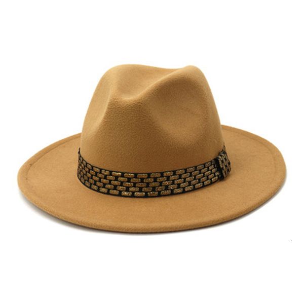 

2021 new winter band belt print khaki black white fedora hat men women solid color wide brim casual formal felted hats 85rr, Blue;gray