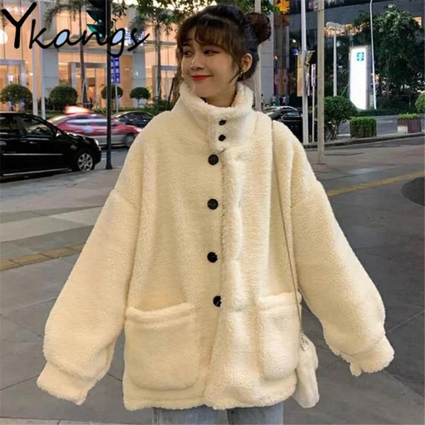 

women's fur & faux imitation lamb wool coat korean style sweet solid color loose all-match trend parka autumn winter simple harajuku st, Black