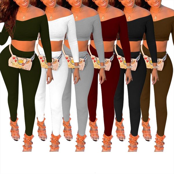 

fashion sporty set womenpant ribbed knit tracksuit fall winter clothes women off shoulder crop long pant sportswear, White