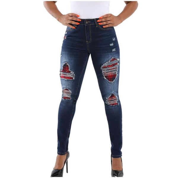 

women's jeans jaycosin polyester women casual stretch plaid print splice jean leggings slim hole trouser pants pencil sexy, Blue