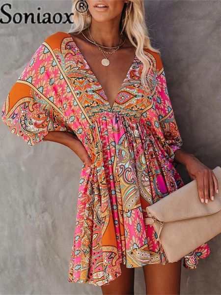 

casual dresses women vintage print deep v neck mini dress loose 3/4 sleeve beach 2021 summer boho vacation party femme, Black;gray