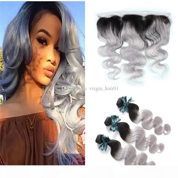 

sliver grey hair bundles with lace frontal brazilian virgin human hair weaves with lace frontal ombre body wave with frontal, Black;brown