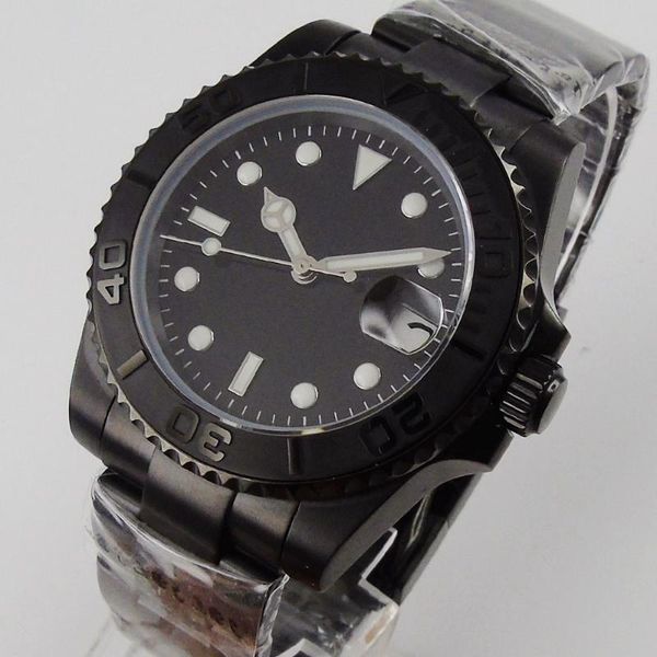 

wristwatches 40mm black sterile dial luminous ceramic bezel date sapphire glass pvd automatic nh35 miyota 8215 movement mens wristwatch, Slivery;brown