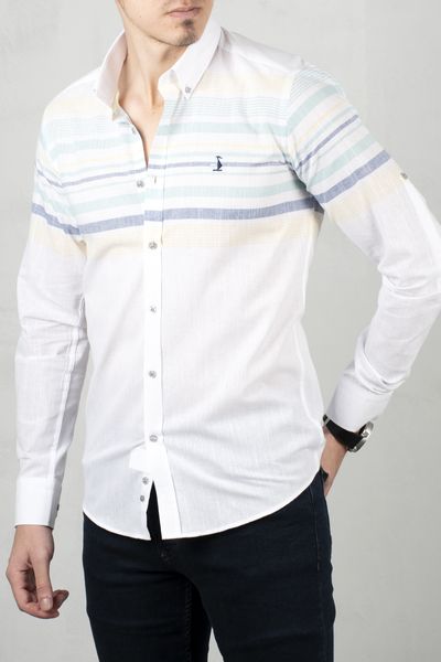 

white-yellow parallel pattern long shirt 2006027 uwm3, White;black