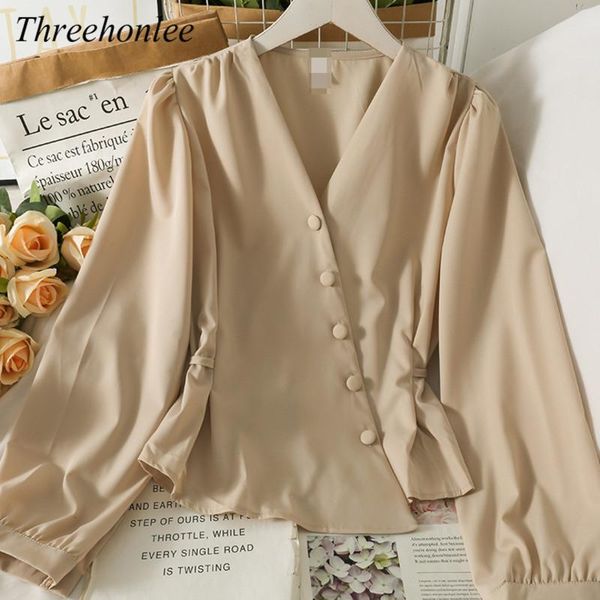 

women's blouses & shirts korean fashion temperament bluose 2021 autumn bubble sleeve french blusa waist thin v-neck all-match shirt, White