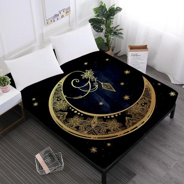 

sheets & sets classic bed golden moon star print fitted sheet mandala crown mattress cover 100% polyester elastic band d40