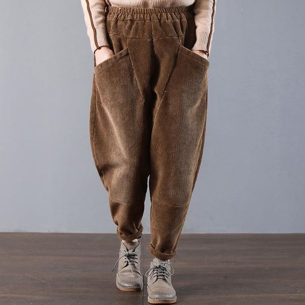 

women's pants & capris solid color loose women corduory retro elastic waist vintage casual harem full length all-match autumn winter th, Black;white