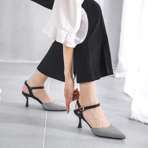 

sandals mixed color pointed toe summer woman shoes ladies shallow slingback sandalias mujer 2021 ankle strap femme footwear, Black