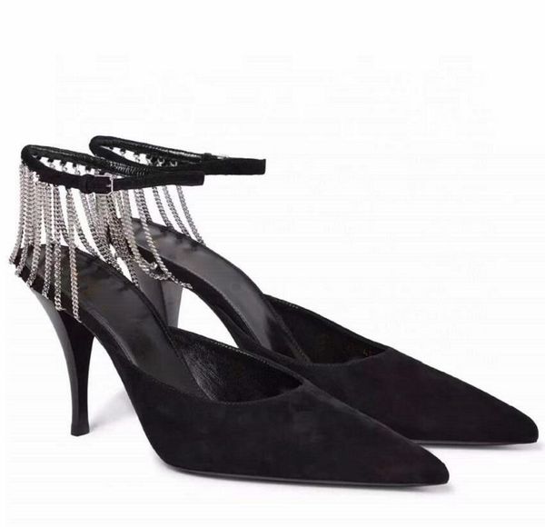 Primavera estate Eleganti sandali con cinturino Vesper Scarpe per donna Décolleté in pelle scamosciata con punta a punta Décolleté di marca Cinturini alla caviglia impreziositi da catena Tacchi alti da donna EU35-40