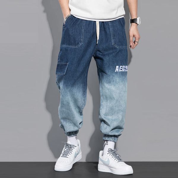 

2021 new fall gradient shift jeans loose work done harlan tools embroidered ankle mark pants with strip kpop clothes load male fashion 8sxp, Blue