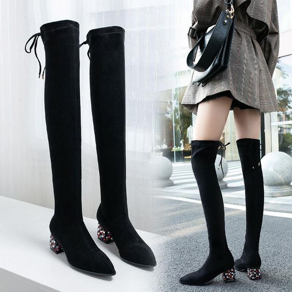 

boots elastic female 42 rhinestone thick medium heel thin high, Black