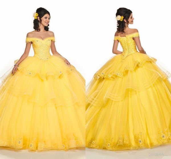 

yellow tiered skirt off shoulder ball gown sweet 16 dresses embroidery beading crystal tulle corset back prom dress vestidos de quinceanera, Blue;red