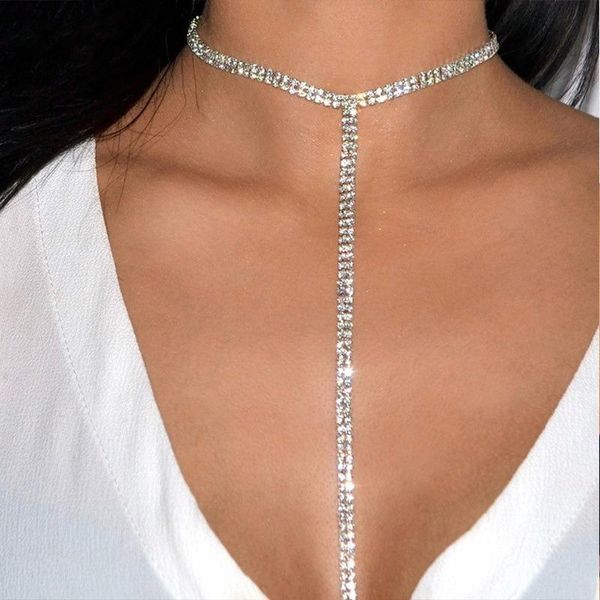 

chains fashion t-shaped necklace nightclub super flash full rhinestone luxury clavicle chain, Silver