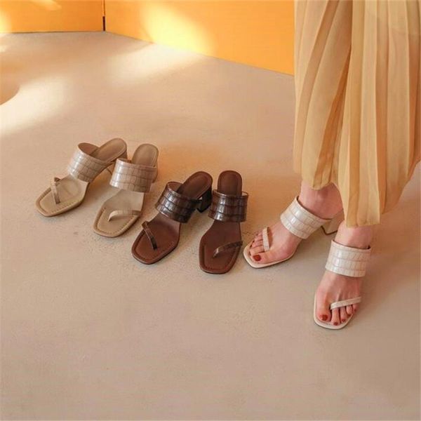 

slippers stone pattern toe square ladies high heels beige thick summer party, Black