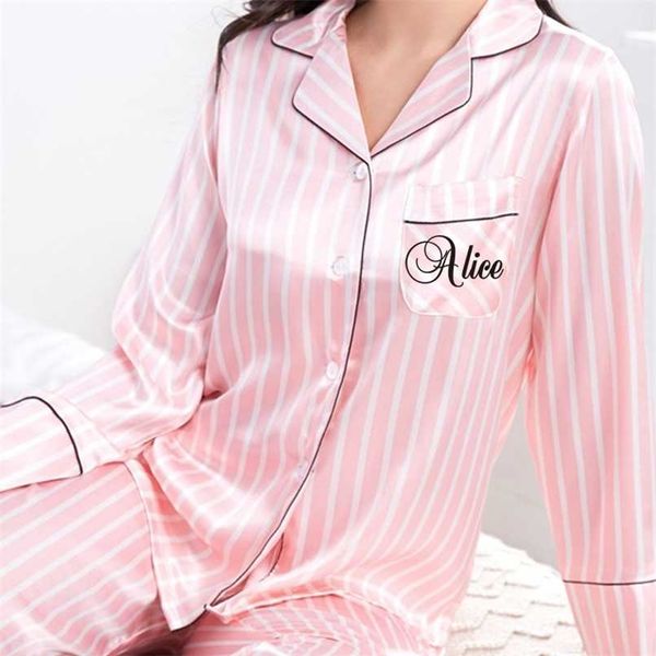 2 Stück personalisierter Name Damen Nachtwäsche Kunstseide Satin Pyjama Set Langarm Anzug Damen Homewear 211112