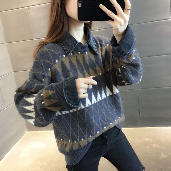 

denim sleeve stitching fake two sweaters women's 2021 spring autumn new korean loose and lazy style outer wear knitted top, White;black