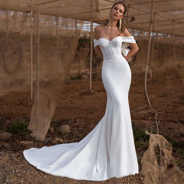 

2021 new fashion satin mermaid wedding strapless vestido de variage appliques beading bridal gowns backless yz92, White