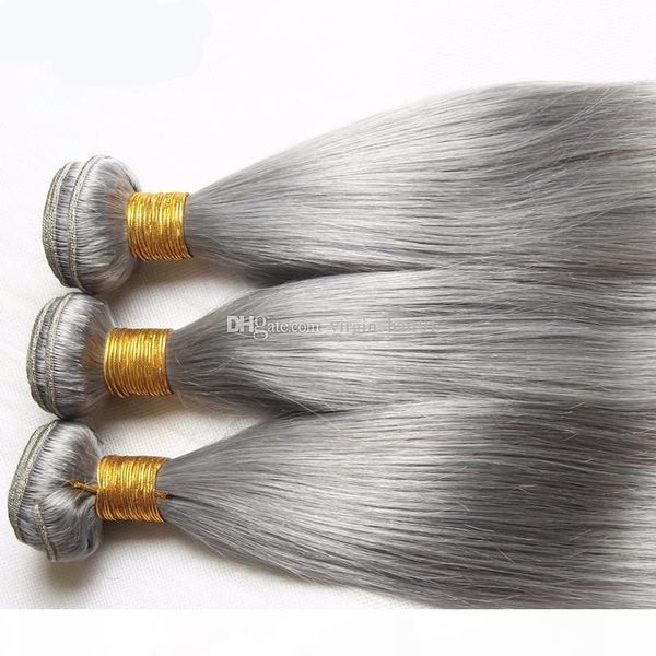

silver grey brazilian hair weave with 13x4 lace frontal closure 4pcs lot pure gray silk straight virgin human hair bundles with full frontal, Black;brown