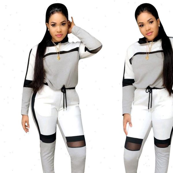 

2 piece set women casual color splicing long sleeve t shirt long pants sports set conjunto femenino conjuntos de mujer 2021 new, Gray
