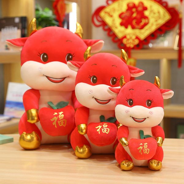 

35cm Cute Cattle Plush Toy Stuffed Animal Plushie Blessing Cow With Apples Pillow Doll Toys for Kids Girls Birthday Gift, White