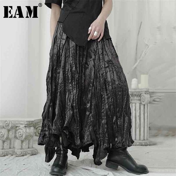 

[eam] high elastic waist black pleated irregular long temperament half-body skirt women fashion spring autumn 1u965 210730
