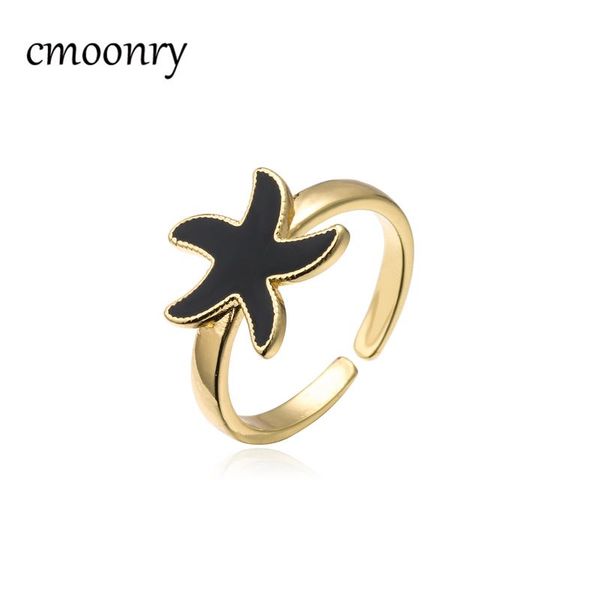 

wedding rings cmoonry fashion black/white oil paint starfish charm ring for women girl gold color open femme bijoux wholesale, Slivery;golden