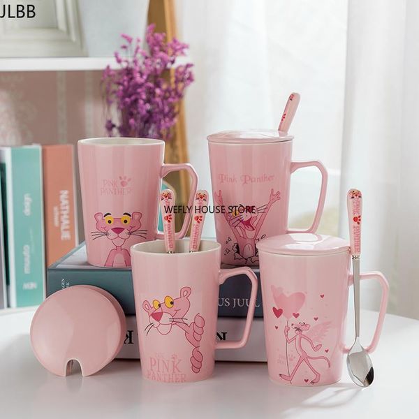 

mugs ceramic pink naughty panther cup cartoon ceramics latte milk juice tea cups with cover spoon birthday anniversary gifts
