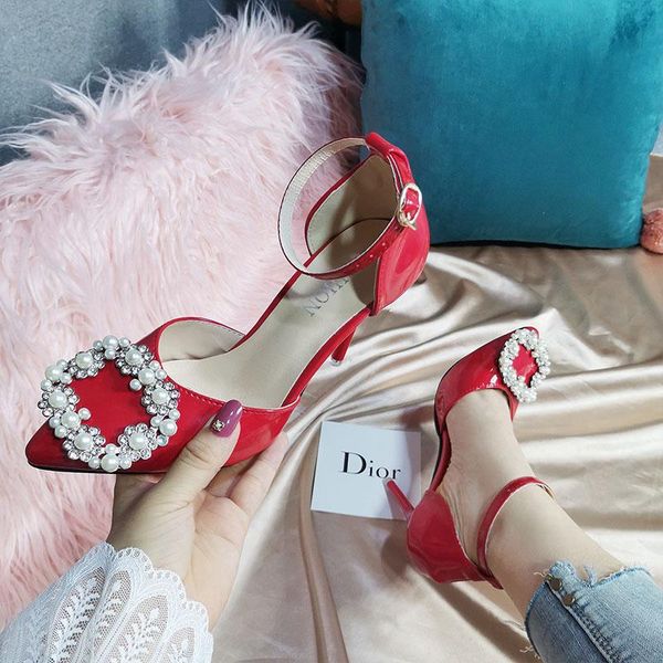 

2021 summer new high heels square head shallow mouth women's single shoes square buckle pearl plus size dress wedding shoes, Black