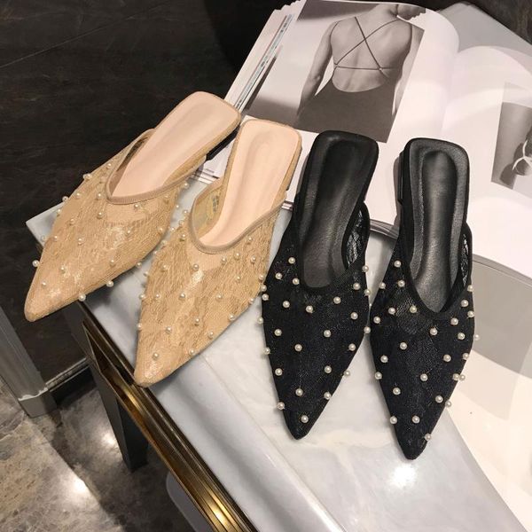 

slippers 2021 women flat slip on mules string bead pointed toe transparent lace slides woman loafers, Black