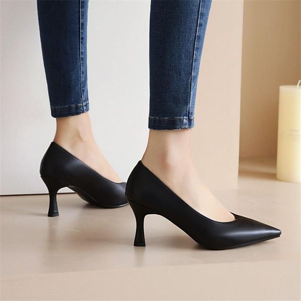 

dress shoes pxelena plus size 34-46 classic office lady shallow pumps pointed toe slip on kitten high heels women footwear 2021, Black