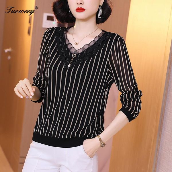 

v neck striped blouse women casual long sleeve loose hollow out shirts korean women blouses femininas blusas, White