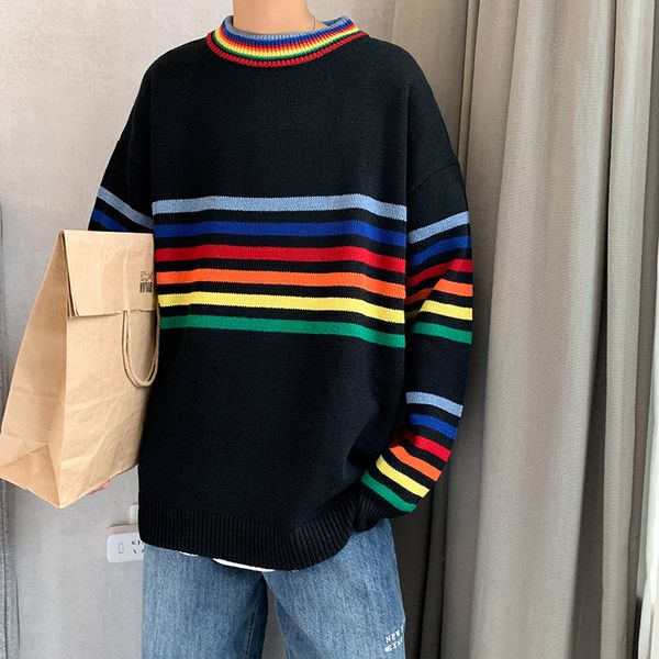 

men's sweaters rainbow striped male sweater boys korean autumn loose students ins port wind small fresh trend knit men, White;black