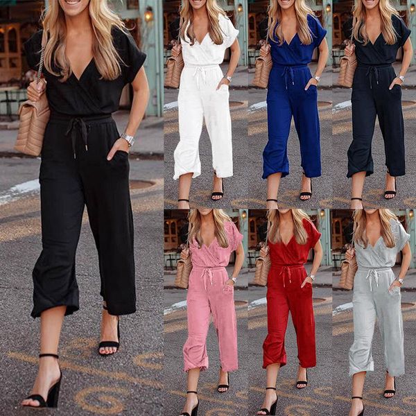 

women's jumpsuits & rompers streetwear woman jumpsuit european style bodysuit v-neck short sleeve overalls plus size womens, Black;white