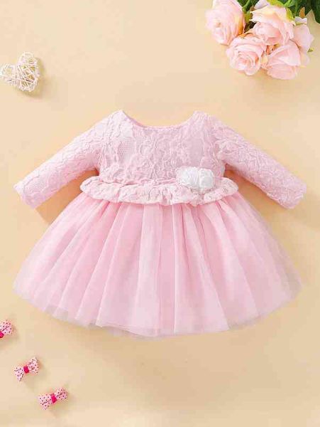 

baby contrast lace stereo flower frill trim mesh dress she, Red;yellow