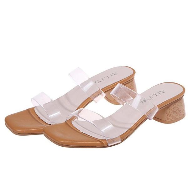 

slippers big size 43 women block heels 5cm clear transparent pvc mules talons feminino ladies square toe chaussure shoes, Black