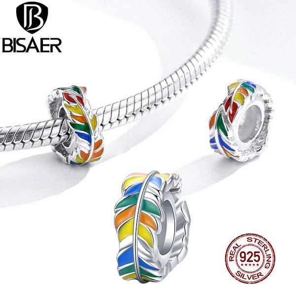 

bisaer colorful feather spacer 925 sterling silver silicone ser rainbow charms fit bracelet diy jewelry accessories efc305 q0531, Black