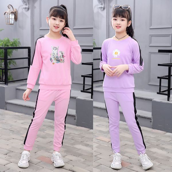 

meninas adolescentes beb rosa roxo impresso conjunto de 2 ps manga longa camisa + calas crianas primavera outono fina roupas esp, White
