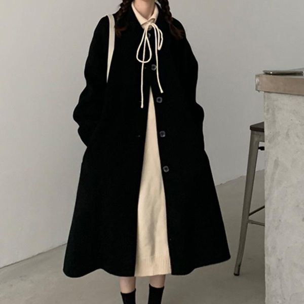 

women's wool & blends autumn korean version loose medium and long fashion cloak coat temperament sleeved tweed women, Black