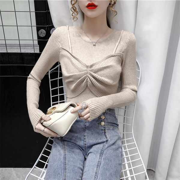 

2021spring new fashion women's body slimming inner knit bottoming shirt pleated fake two-piece pure color stretch pullover z947, White;black