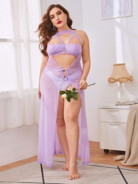 

plus cut-out contrast lace mesh dress with thong u4cs#, Black;white