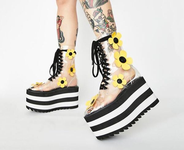 

women lady pvc transparent 11.5cm heels platform round toes ankle boots martin booties lace-up dress shoes pine cake thick polyurethane bott, Black