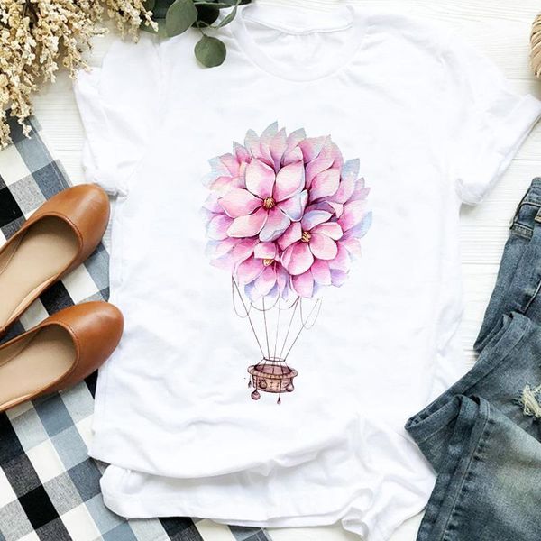 

women lady floral balloon watercolor flower cute cartoon print t tee womens tshirt female shirt clothes graphic t-shirt, White